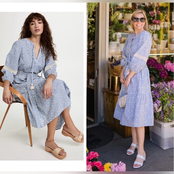 New! Shoshanna Light Blue Embroidered and Eyelet Midi Dress with Tassels 🩵 XS